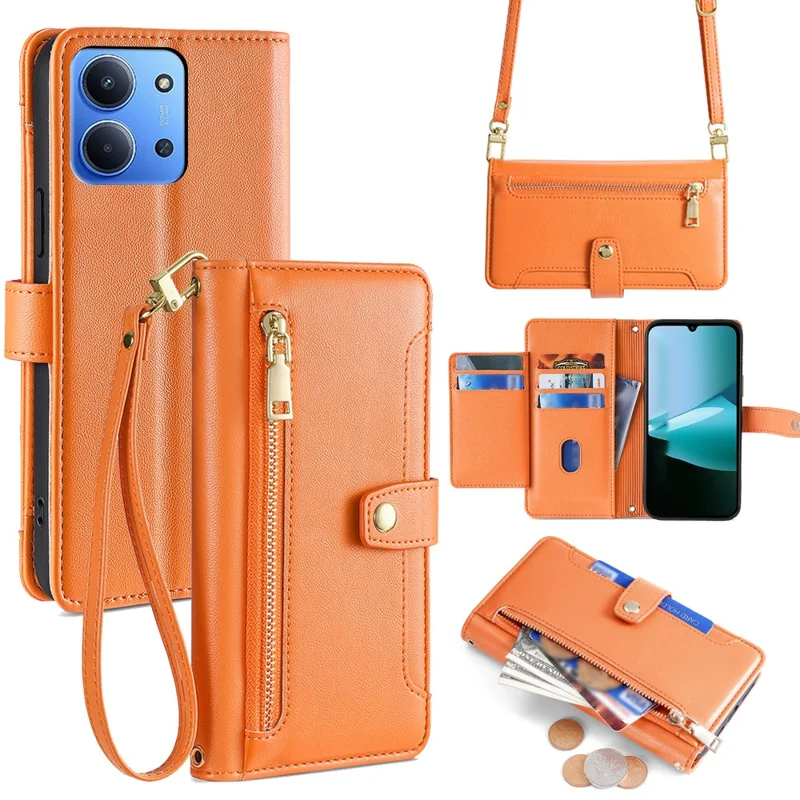 Étui en cuir pour Xiaomi Redmi 15C 4G (UE) (173 mm) / 15C 5G (UE) (173 mm) / Poco C85 4G (173 mm) Poche Zippée Portefeuille Housse de Téléphone avec 2 Sangles - Orange