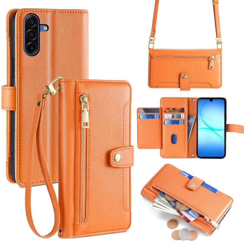 For Samsung Galaxy A17 5G Leather Case Zipper Pocket Wallet Phone Cover with 2 Straps - Orange