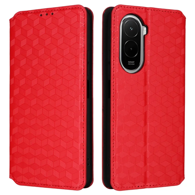 Чехол-книжка для Xiaomi Poco M7 Plus 5G / Poco M7 4G (169 мм) с ромбовидным тиснением из кожи - Красный