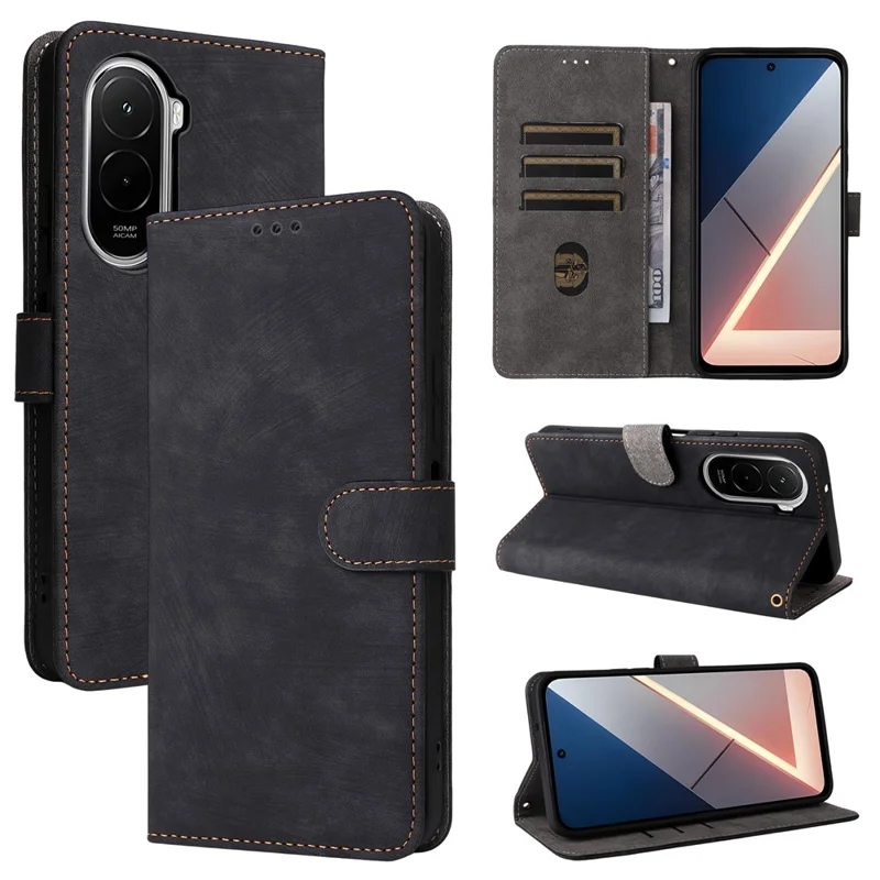 Для Xiaomi Poco M7 Plus 5G / Poco M7 4G (169 мм) Чехол-бумажник с блокировкой RFID, чехол для телефона из искусственной кожи со стойкой и ремешком - черный
