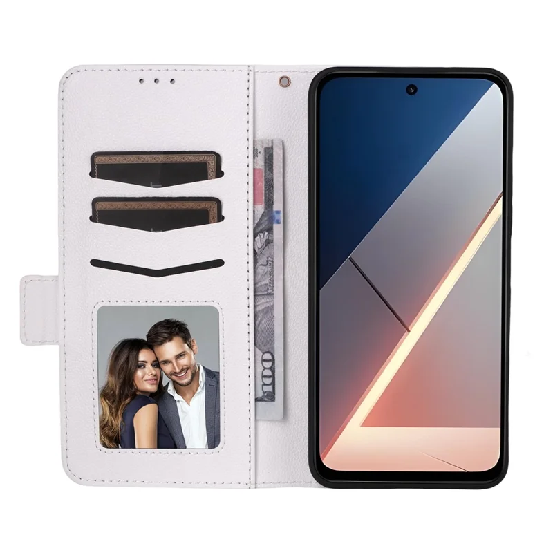 Étui pour Xiaomi Poco M7 Plus 5G / Poco M7 4G (169 mm) - Texture de litchi, étui en cuir portefeuille avec dragonne - Blanc