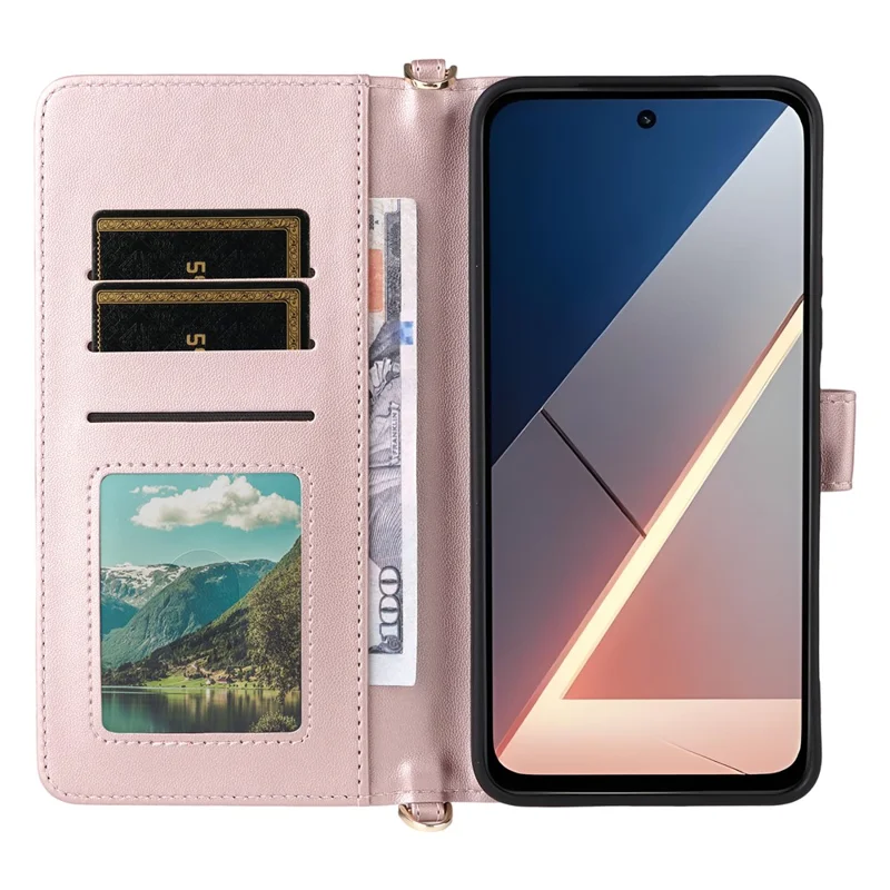 Чехол для Xiaomi Poco M7 Plus 5G / Poco M7 4G (169 мм) с плечевым / наручным ремешком, кожаный чехол-книжка со стендом и бумажником - розовый