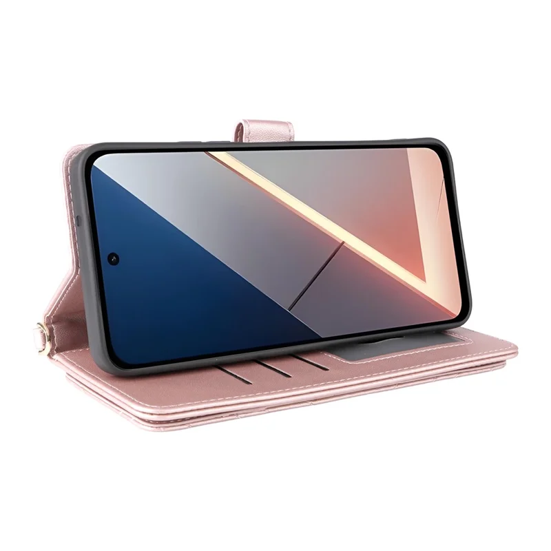 Чехол для Xiaomi Poco M7 Plus 5G / Poco M7 4G (169 мм) с плечевым / наручным ремешком, кожаный чехол-книжка со стендом и бумажником - розовый
