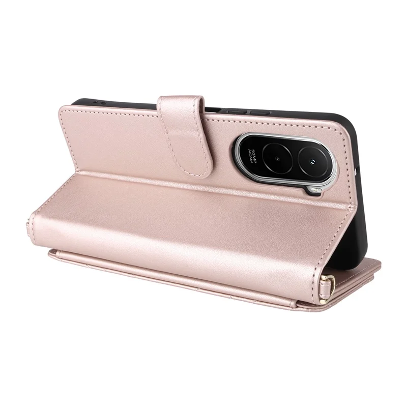 Чехол для Xiaomi Poco M7 Plus 5G / Poco M7 4G (169 мм) с плечевым / наручным ремешком, кожаный чехол-книжка со стендом и бумажником - розовый