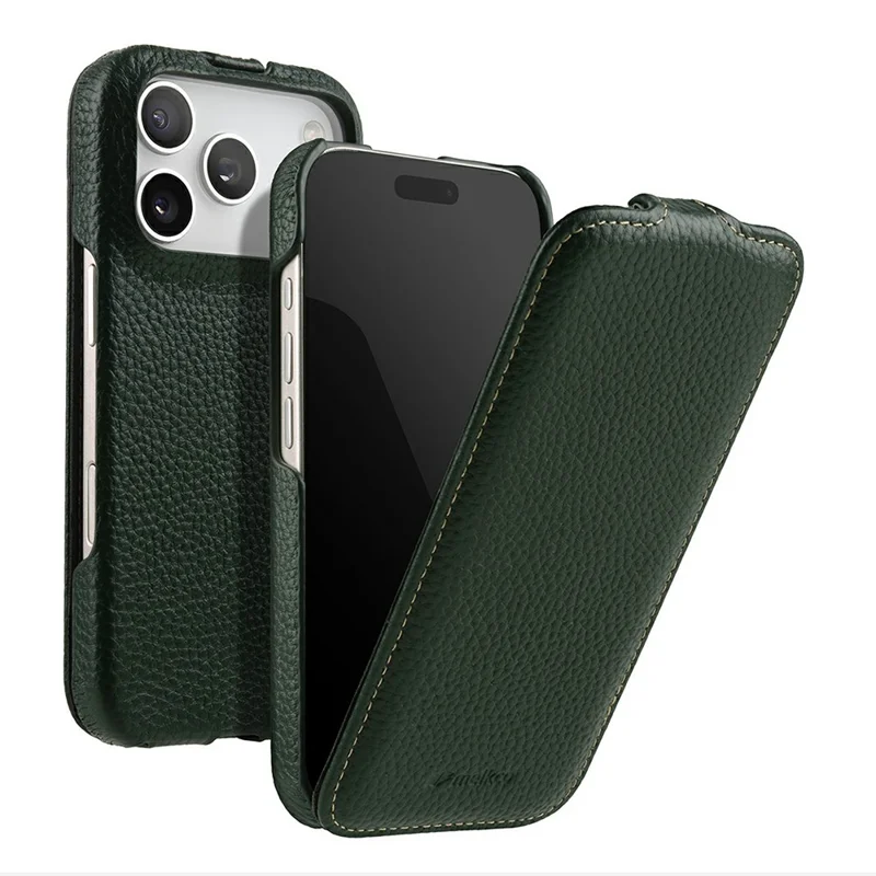 MELKCO For iPhone 17 Pro Max Case Compatible with MagSafe Vertical Flip Genuine Cow Leather + PC Phone Cover - Green