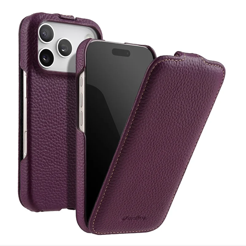 MELKCO For iPhone 17 Pro Case Compatible with MagSafe Vertical Flip Genuine Cow Leather + PC Phone Cover - Purple