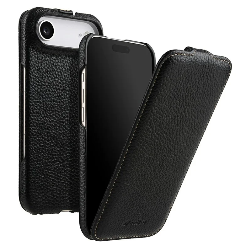 MELKCO Pour iPhone 17 Air Case Compatible avec MagSafe Vertical Flip Genuine Cow Leather + PC Phone Cover - Noir