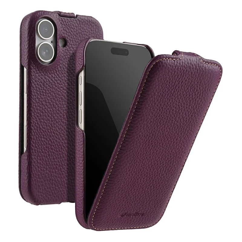 MELKCO For iPhone 17 Case Compatible with MagSafe Vertical Flip Genuine Cow Leather + PC Phone Cover - Purple