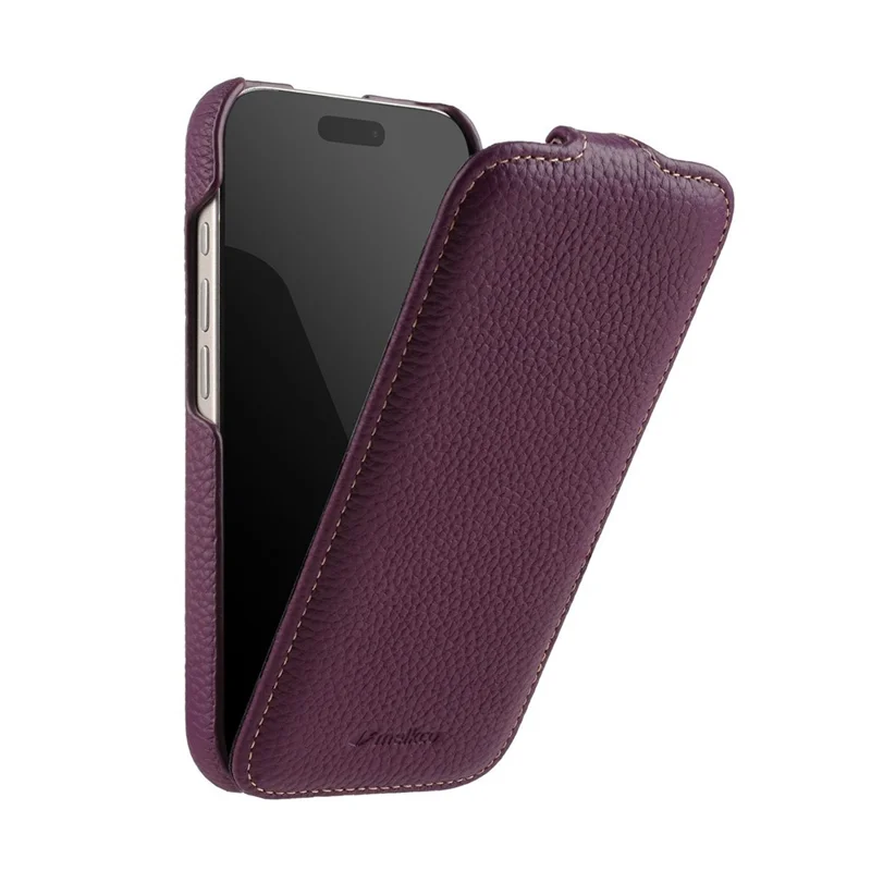 MELKCO For iPhone 17 Case Compatible with MagSafe Vertical Flip Genuine Cow Leather + PC Phone Cover - Purple