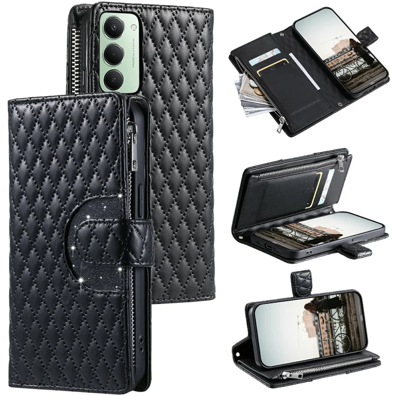 Funda con Cremallera para Xiaomi Redmi 15 5G (Global) (169mm) con Bolsillo de Purpurina, Cuero para Teléfono con Correa de Muñeca - Negro
