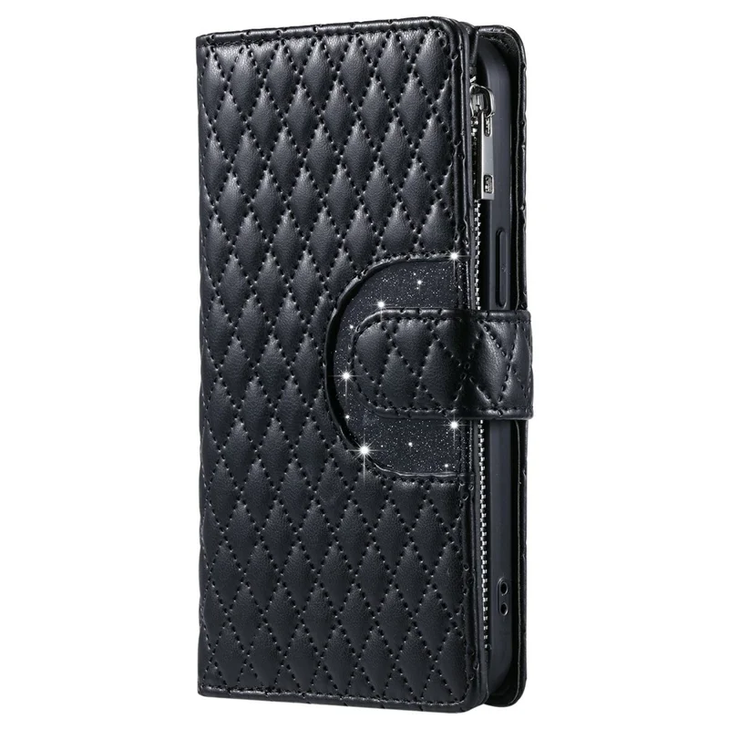 Funda con Cremallera para Xiaomi Redmi 15 5G (Global) (169mm) con Bolsillo de Purpurina, Cuero para Teléfono con Correa de Muñeca - Negro