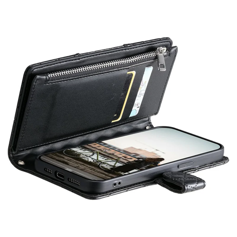 Funda con Cremallera para Xiaomi Redmi 15 5G (Global) (169mm) con Bolsillo de Purpurina, Cuero para Teléfono con Correa de Muñeca - Negro