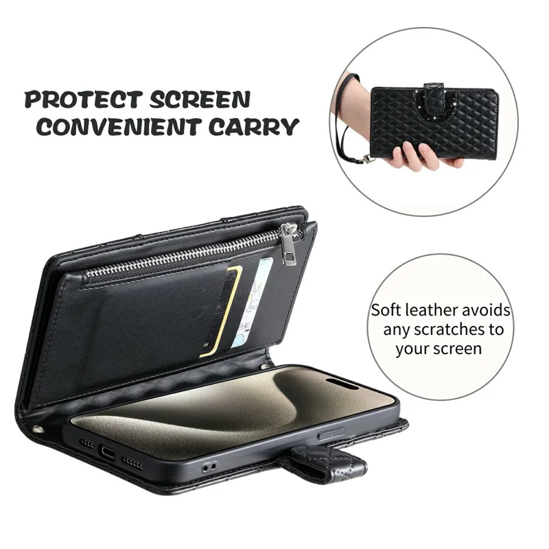 Funda con Cremallera para Xiaomi Redmi 15 5G (Global) (169mm) con Bolsillo de Purpurina, Cuero para Teléfono con Correa de Muñeca - Negro