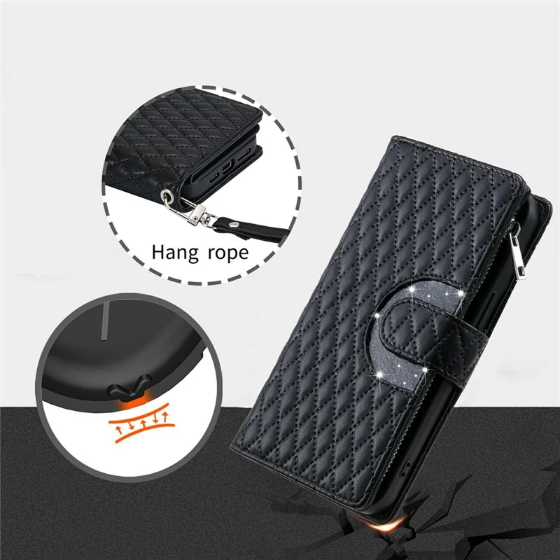 Funda con Cremallera para Xiaomi Redmi 15 5G (Global) (169mm) con Bolsillo de Purpurina, Cuero para Teléfono con Correa de Muñeca - Negro