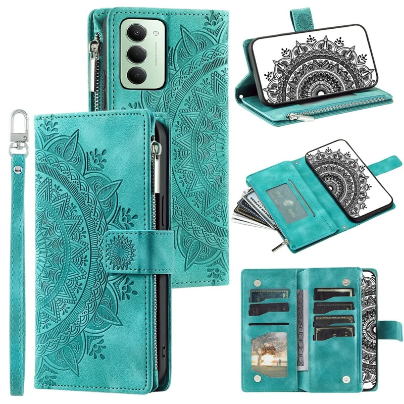Étui portefeuille Xiaomi Redmi 15 5G (Global) (169 mm) avec motif floral mandala en cuir PU et dragonne - Vert menthe