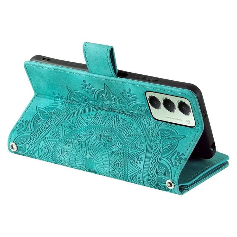 Étui portefeuille Xiaomi Redmi 15 5G (Global) (169 mm) avec motif floral mandala en cuir PU et dragonne - Vert menthe