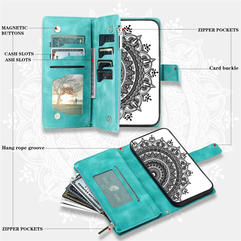 Étui portefeuille Xiaomi Redmi 15 5G (Global) (169 mm) avec motif floral mandala en cuir PU et dragonne - Vert menthe