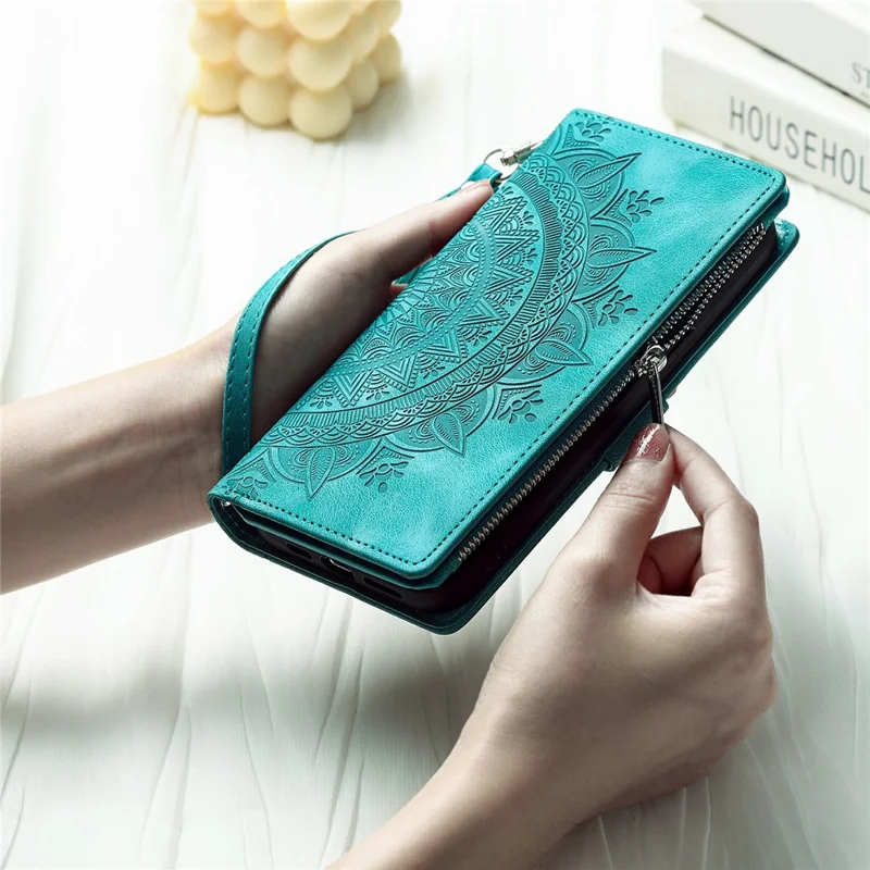 Étui portefeuille Xiaomi Redmi 15 5G (Global) (169 mm) avec motif floral mandala en cuir PU et dragonne - Vert menthe