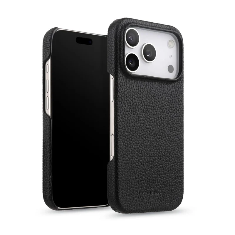 MELKCO For iPhone 17 Pro Case Genuine Cow Leather PC Phone Cover Compatible with MagSafe - Black