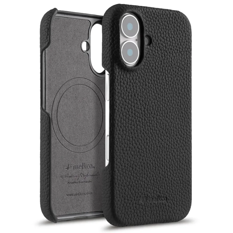 MELKCO For iPhone 17 Case Genuine Cow Leather PC Phone Cover Compatible with MagSafe - Black