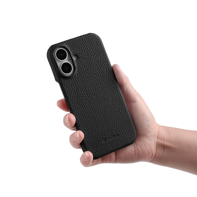 MELKCO For iPhone 17 Case Genuine Cow Leather PC Phone Cover Compatible with MagSafe - Black