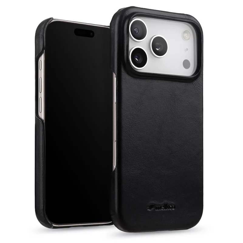 MELKCO For iPhone 17 Pro Case Compatible with MagSafe Waxy Genuine Cow Leather PC Phone Back Cover - Black