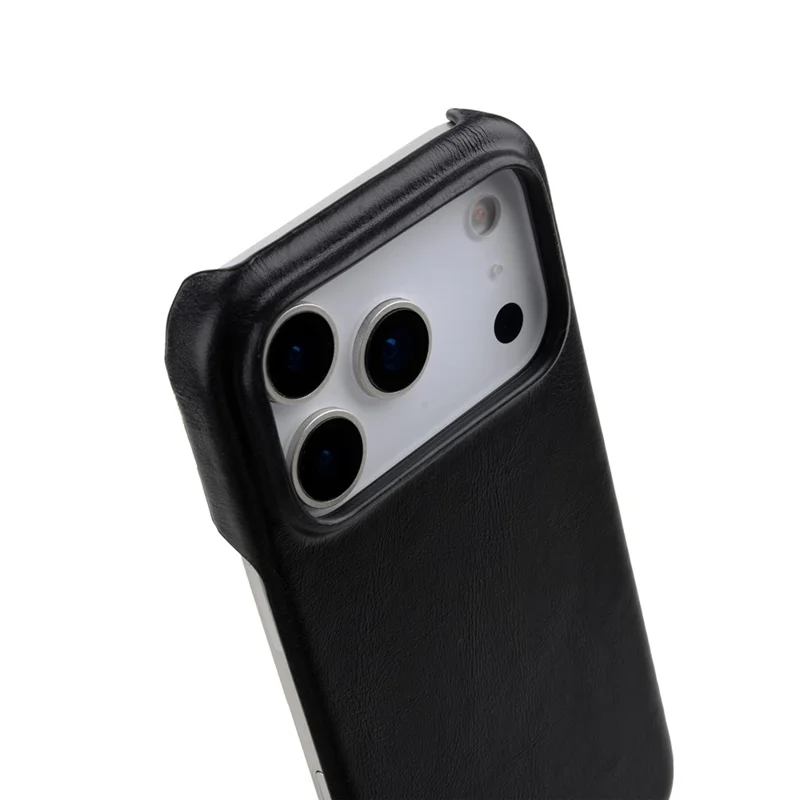 MELKCO For iPhone 17 Pro Case Compatible with MagSafe Waxy Genuine Cow Leather PC Phone Back Cover - Black