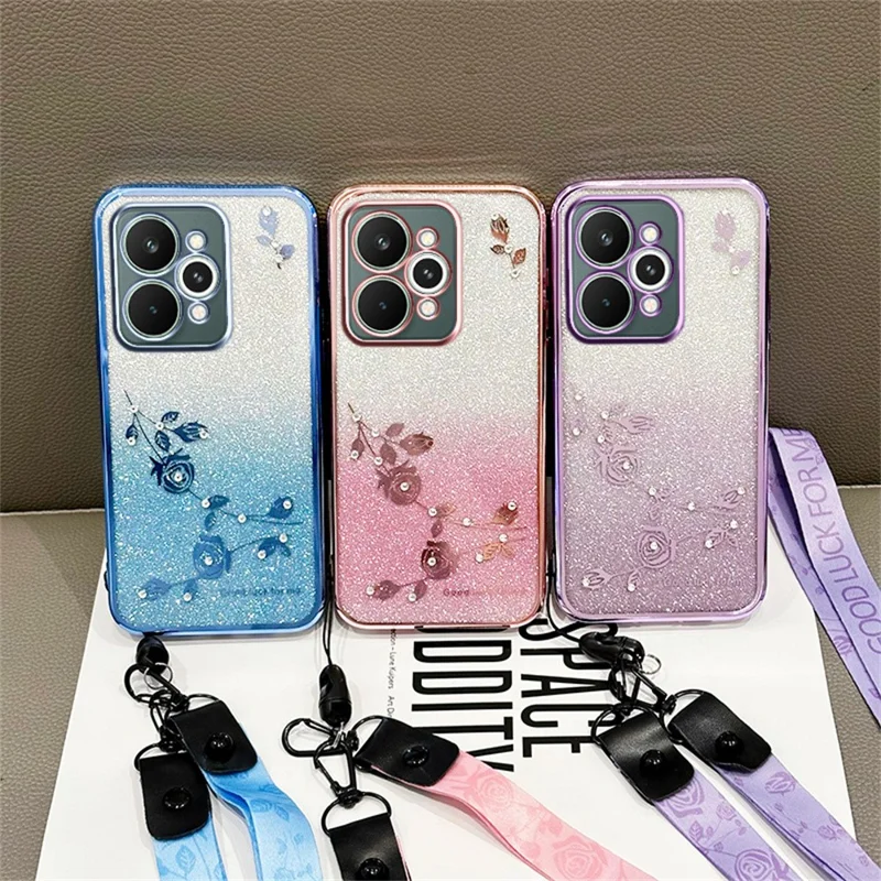 KADEM Для Realme 15 5G Чехол Цветочный узор TPU Градиентный чехол для телефона с шнурками - Розовое золото