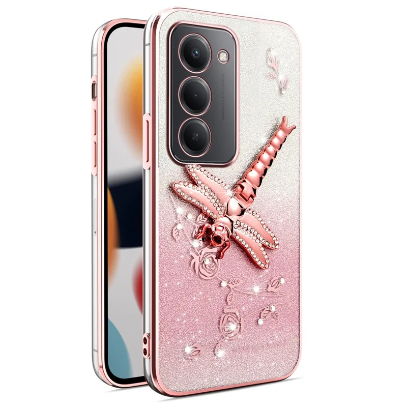 KADEM For Xiaomi Redmi 15 4G (169mm) Case Dragonfly Kickstand TPU Flowers Glitter Phone Cover - Pink