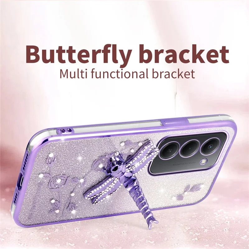 KADEM For Xiaomi Redmi 15 4G (169mm) Case Dragonfly Kickstand TPU Flowers Glitter Phone Cover - Pink