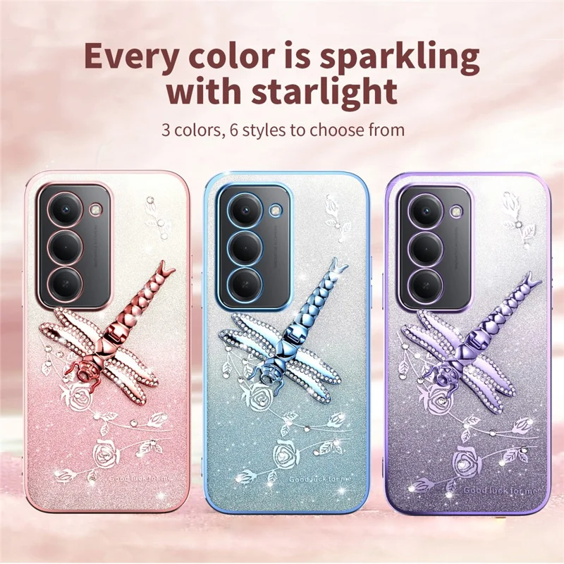 KADEM For Xiaomi Redmi 15 4G (169mm) Case Dragonfly Kickstand TPU Flowers Glitter Phone Cover - Pink