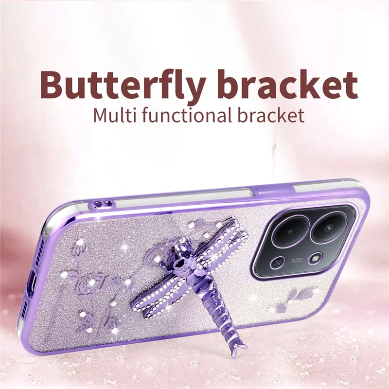 KADEM For Xiaomi Redmi 15C 4G (Global) (171mm) / Poco C85 4G (171mm) Case Dragonfly Kickstand TPU Flowers Glitter Phone Cover - Purple