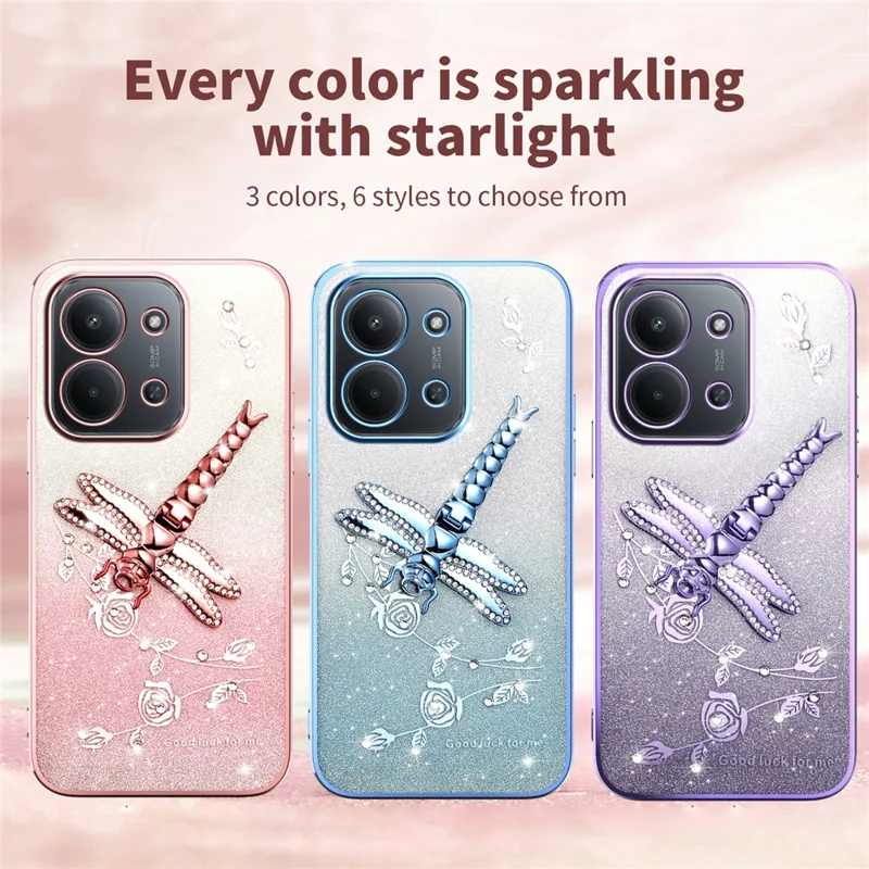 KADEM For Xiaomi Redmi 15C 4G (Global) (171mm) / Poco C85 4G (171mm) Case Dragonfly Kickstand TPU Flowers Glitter Phone Cover - Purple