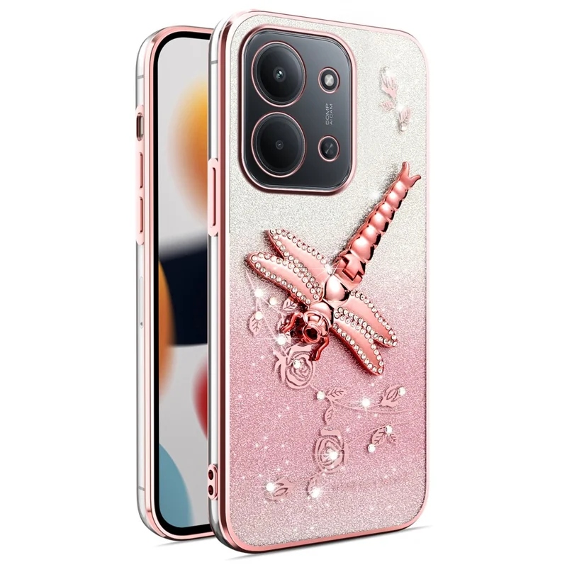 KADEM Чехол для телефона Xiaomi Redmi 15C 4G (ЕС) (173 мм) / 15C 5G (ЕС) (173 мм) / Poco C85 Dragonfly Kickstand TPU Цветы Блестки Чехол - Розовый