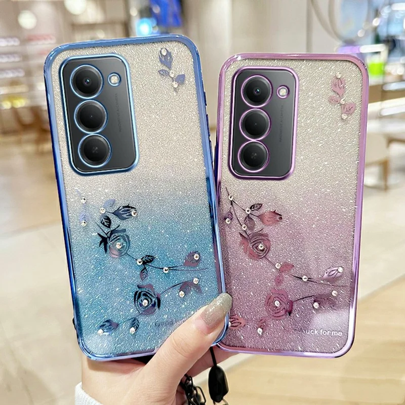 KADEM For Xiaomi Redmi 15 4G (169mm) Case Flower Pattern TPU Gradient Phone Cover with Lanyards - Blue