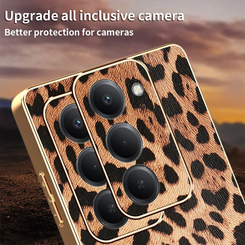Capa para Xiaomi Redmi 15 4G (169mm) Estampa de Leopardo Revestida em Couro PU + Capa de Telefone Eletroplatinada em PC + TPU