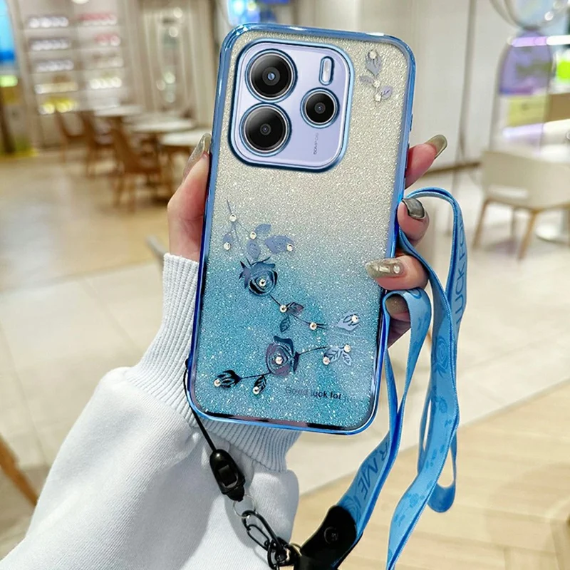 KADEM Для Xiaomi Redmi Note 14 5G Чехол Цветочный узор TPU Градиентная телефонная крышка с шнурками - Синий