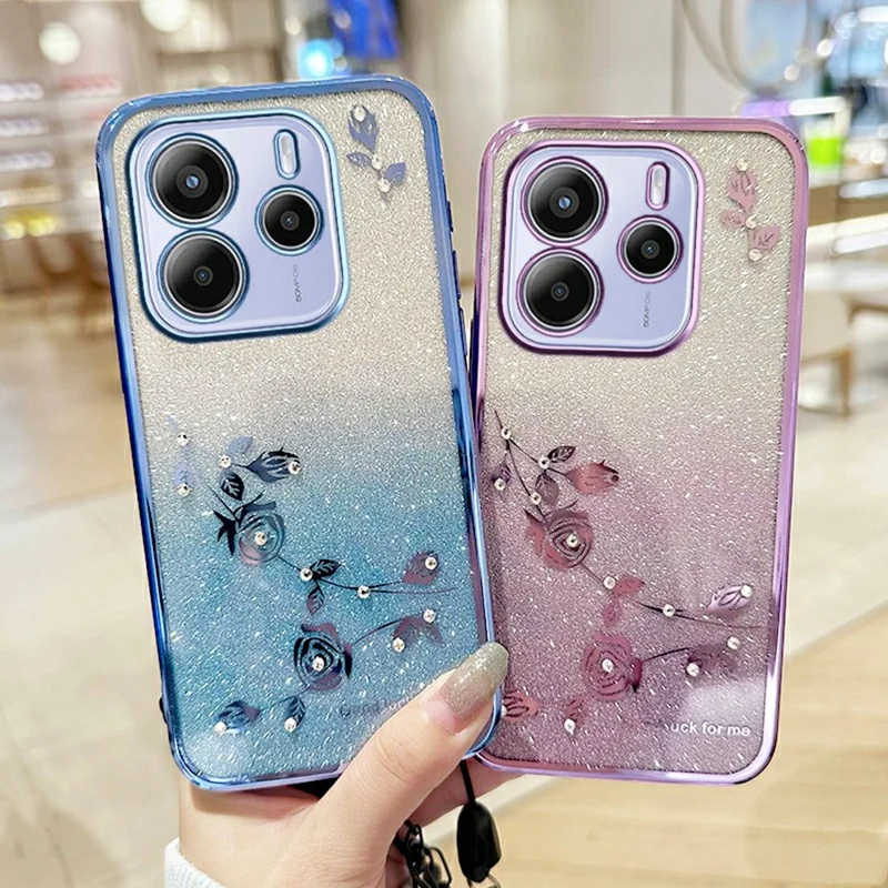 KADEM Для Xiaomi Redmi Note 14 5G Чехол Цветочный узор TPU Градиентная телефонная крышка с шнурками - Синий