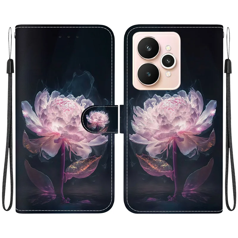 For Realme 15 Pro 5G  /  15 5G Wallet Phone Case Pattern Printing Leather Flip Cover with Strap - Purple Peony