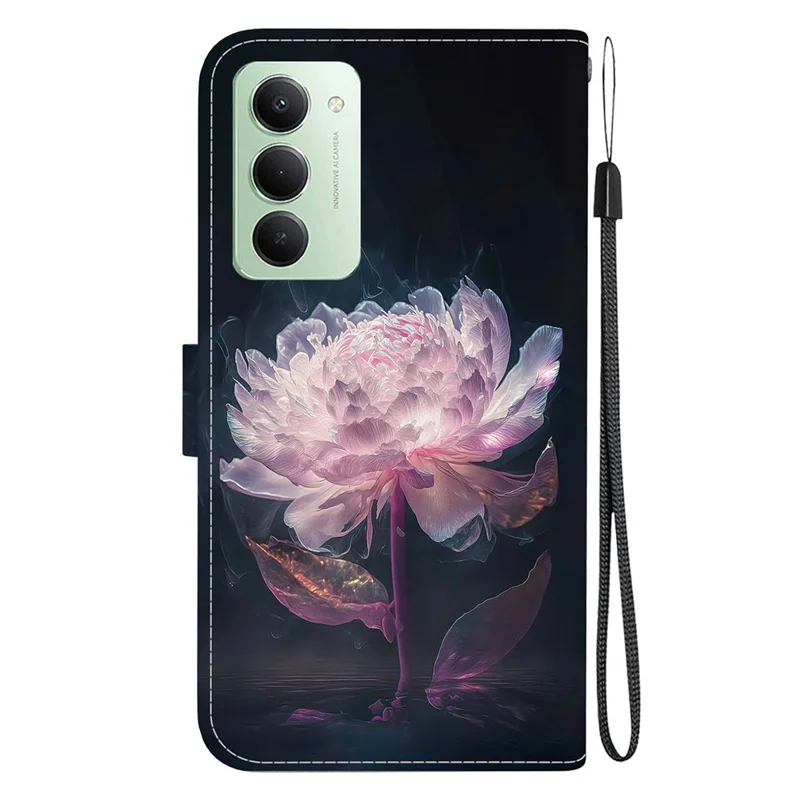 For Xiaomi Redmi 15 4G (EU) (171mm) Wallet Phone Case Pattern Printing Leather Flip Cover with Strap - Purple Peony