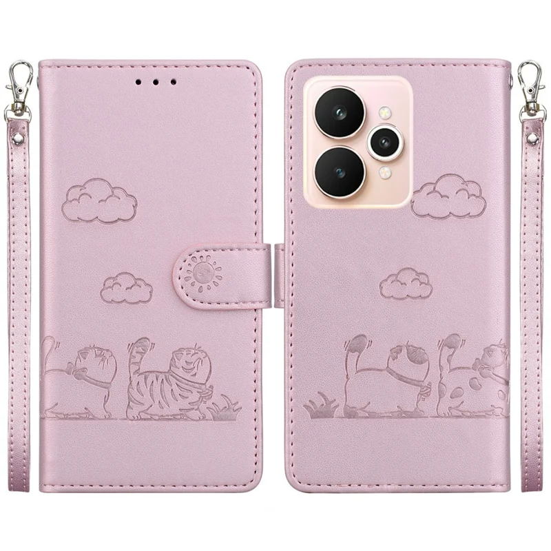 For Realme 15 Pro 5G  /  15 5G Case RFID Blocking Kitten Pattern TPU + PU Leather Phone Cover with Wrist Strap - Pink