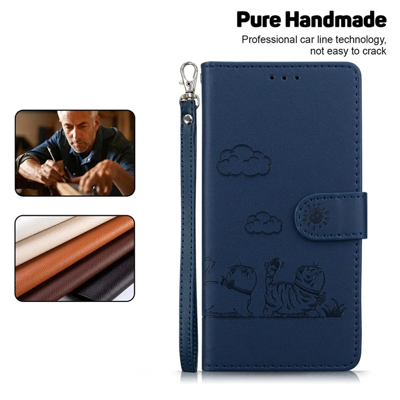 For Realme 15 Pro 5G  /  15 5G Case RFID Blocking Kitten Pattern TPU + PU Leather Phone Cover with Wrist Strap - Blue