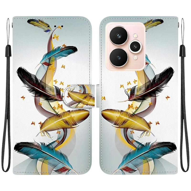 Capa de Carteira de Couro com Impressão de Padrão para Realme 15 Pro 5G / 15 5G - Borboleta Dourada Pena
