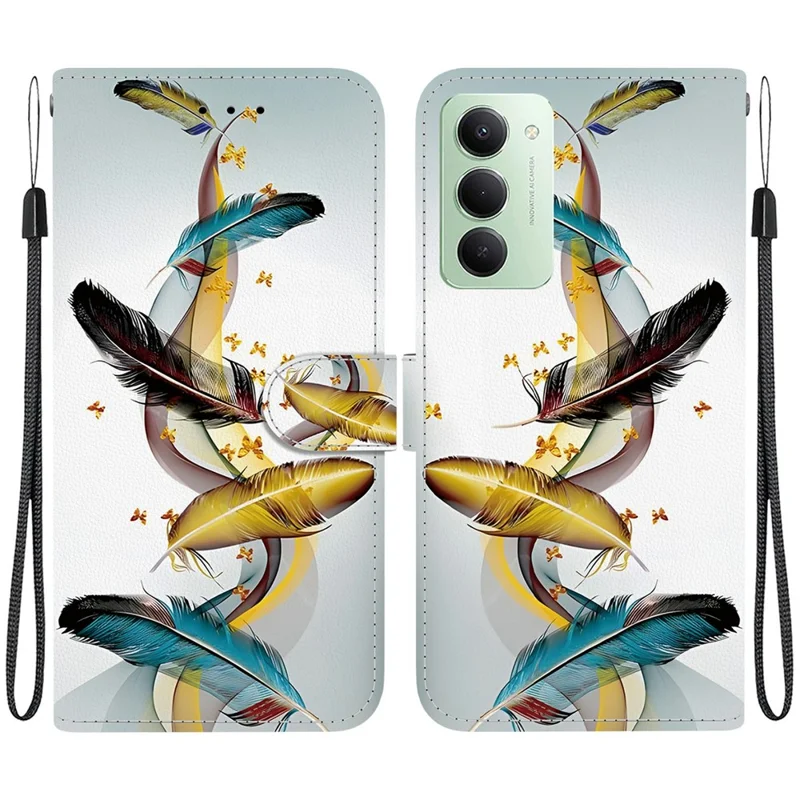 For Xiaomi Redmi 15 4G (EU) (171mm) Case Pattern Printing Leather Wallet Phone Cover with Lanyard - Golden Butterfly Feather