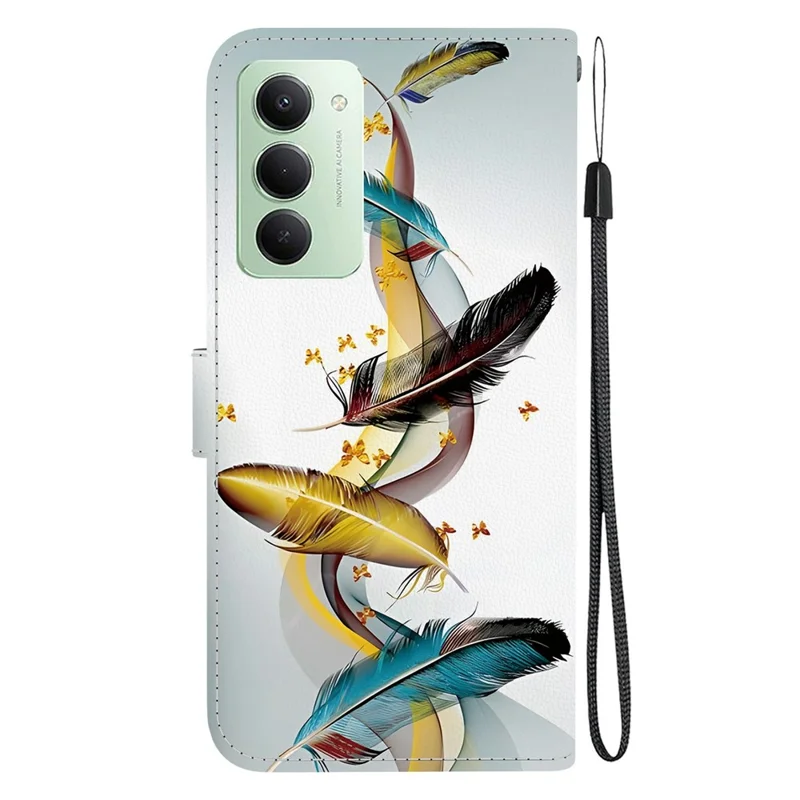 For Xiaomi Redmi 15 4G (EU) (171mm) Case Pattern Printing Leather Wallet Phone Cover with Lanyard - Golden Butterfly Feather