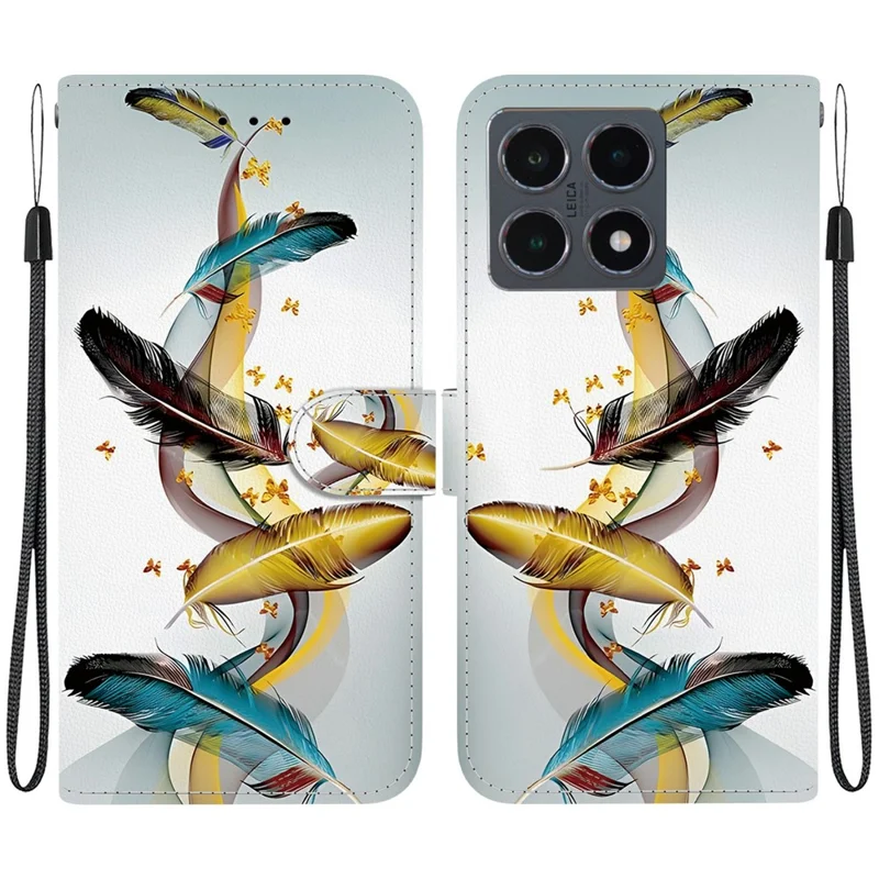 Capa para Xiaomi 15T com Impressão de Padrão de Couro, Carteira Flip e Capa de Telefone com Cordão - Borboleta Dourada e Pena