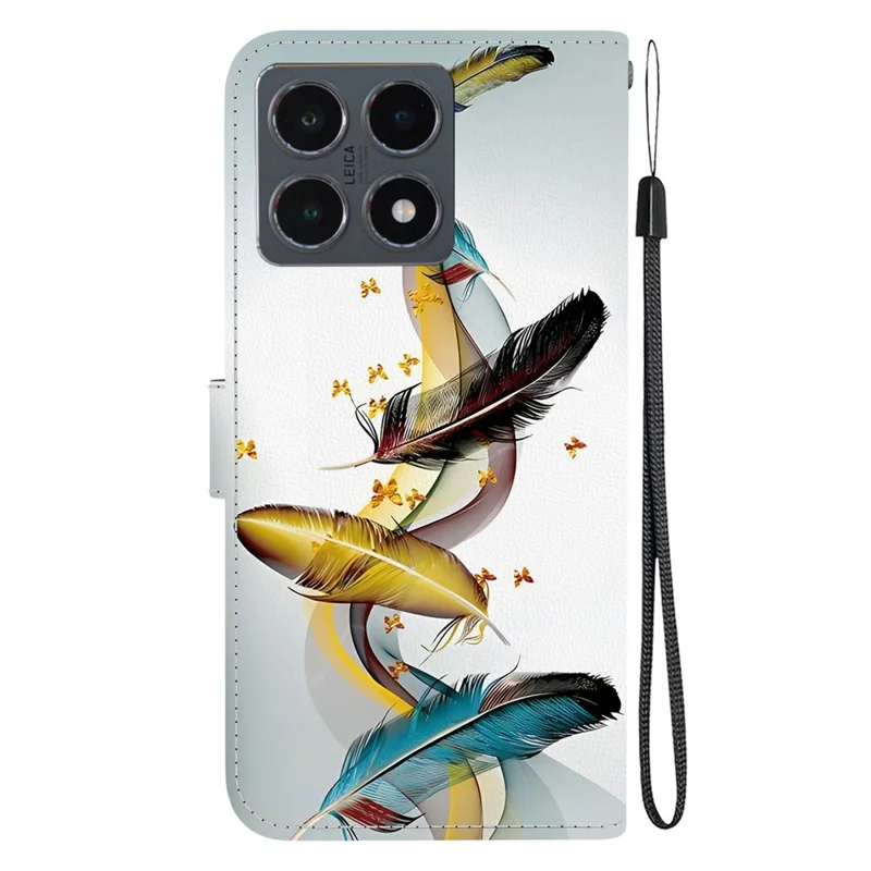 Capa para Xiaomi 15T com Impressão de Padrão de Couro, Carteira Flip e Capa de Telefone com Cordão - Borboleta Dourada e Pena