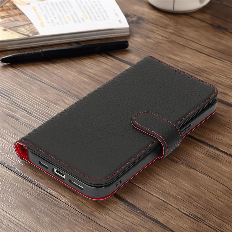 For iPhone 13 mini Stand Case Litchi Texture Genuine Cow Leather Wallet Phone Cover RFID Blocking - Black / Red