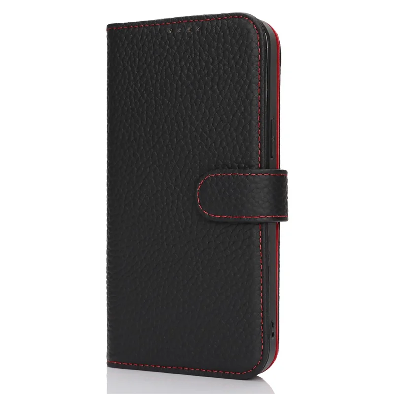 For iPhone 13 mini Stand Case Litchi Texture Genuine Cow Leather Wallet Phone Cover RFID Blocking - Black / Red