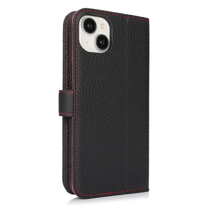 For iPhone 13 mini Stand Case Litchi Texture Genuine Cow Leather Wallet Phone Cover RFID Blocking - Black / Red